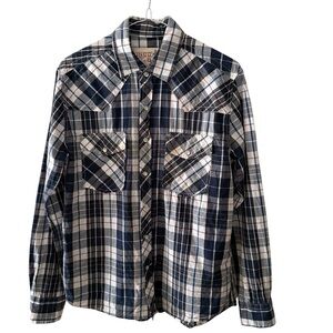 Vtg JNCO Western Plaid Button-Up Shirt Blue and White Pearl Snaps Mens Small